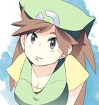  apron bad_id bad_pixiv_id bandana bangs breasts brown_eyes brown_hair cleavage closed_mouth collarbone eyelashes facing_viewer green_apron green_bandana leaning_forward lips long_hair looking_away looking_up matsumoto_waka medium_breasts parted_bangs poke_ball_theme pokemon pokemon_(game) pokemon_breeder_(pokemon) pokemon_xy shirt short_sleeves smile solo tareme upper_body v_arms yellow_shirt 