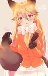  :3 animal_ears black_gloves black_hair blazer blonde_hair breasts brown_background chita_(ketchup) extra_ears ezo_red_fox_(kemono_friends) fox_ears fox_girl fox_tail gloves gradient_hair hair_between_eyes heart highlights holding_tail jacket jpeg_artifacts kemono_friends large_breasts long_hair looking_at_viewer multicolored_hair necktie open_mouth orange_jacket pleated_skirt purple_eyes signature simple_background skirt solo tail triangle_mouth twitter_username upper_body white_skirt yellow_neckwear 