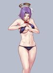  1girl :o adjusting_clothes adjusting_swimsuit azasuke bare_arms bare_legs bare_shoulders bikini breasts flower grey_background hair_flower hair_ornament highres kantai_collection large_breasts legs looking_down mechanical_halo navel open_mouth purple_bikini purple_hair short_hair simple_background solo standing swimsuit tatsuta_(kantai_collection) thighs thong underboob yellow_eyes 