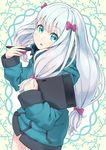  absurdres bangs blue_eyes bow eromanga_sensei eyebrows_visible_through_hair hair_bow highres izumi_sagiri jacket long_hair looking_at_viewer murasakijazi silver_hair solo stylus tablet 