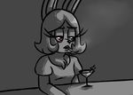  2016 alcohol alternate_species anthro beverage bonnie_(fnaf) buckteeth chest_tuft cigarette clothed clothing cocktail cocktail_glass crossgender female five_nights_at_freddy&#039;s furrification grey_background half-closed_eyes inkyfrog lagomorph mammal olive rabbit restricted_palette simple_background smoking solo teeth tuft video_games 