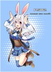  absurdres animal_ears black_bow blue_bow blue_legwear blue_nails blue_skirt blush boots bow bunny_ears bunny_pose bunny_tail character_request copyright_name eyebrows_visible_through_hair highres horns long_hair long_sleeves looking_at_viewer nail_polish open_mouth phantasy_star phantasy_star_online_2 red_eyes sakura_chiyo_(konachi000) silver_hair skirt smile solo tail thighhighs 