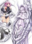  backless_outfit black_gloves black_legwear blue_eyes breasts cocoon creature elbow_gloves gloves highleg ishimiso_(ishimura) large_breasts leotard looking_at_viewer mismatched_legwear original pink_hair silk solo thighhighs white_gloves white_legwear 