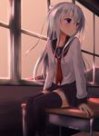  akabane_hibame bangs black_legwear black_skirt blue_eyes blue_hair blush classroom closed_mouth commentary_request desk evening eyebrows_visible_through_hair hair_between_eyes hibiki_(kantai_collection) highres indoors kantai_collection light_frown long_hair long_sleeves looking_to_the_side neckerchief on_desk pleated_skirt red_neckwear school_desk school_uniform serafuku sitting sitting_on_desk skirt solo thighhighs thighs window 