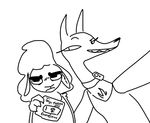  annoyed anthro avo_(weaver) black_and_white blush canine caprine chest_tuft clothed clothing collar disney duo fan_character female grin jackal male mammal monochrome pack_street remmy_cormo sex_toy sheep simple_background smile teeth the_weaver tuft white_background zootopia 
