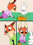  2017 anthro canine clothed clothing comic cub disney duo father fox fur heterochromia hybrid male mammal necktie nick_wilde orange_fur parent skeletonguys-and-ragdolls text violet_(zootopia) young zootopia 