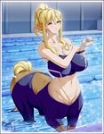  animal_ears bare_shoulders blonde_hair breasts centaur centorea_shianus highres horse_ears horse_tail huge_breasts indoors lane_line materclaws monster_girl monster_musume_no_iru_nichijou navel ponytail pool purple_eyes revision short_hair smile solo sports_bikini swimsuit tail undressing water 