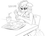  2017 bags_under_eyes burger dialogue english_text equine fan_character female food hair horse mammal monochrome my_little_pony pony raised_eyebrow replica_(artist) replica_(oc) sitting sketch string text 