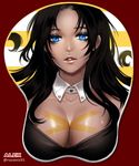  alex_benedetto black_hair breast_mousepad breasts cleavage dark_skin detached_collar gangsta large_breasts lips mousepad parted_lips ravaniz red_eyes solo striped striped_background upper_body 