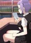  1girl book breasts character_request copyright_request purple_hair shin&#039;ya_(shin&#039;yanchi) short_hair sitting 