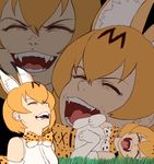  animal_ears bare_shoulders bow bowtie brown_hair commentary elbow_gloves fangs finalcake gloves happy kemono_friends laughing laughing_tom_cruise meme parody serval_(kemono_friends) serval_ears serval_print sharp_teeth simple_background smile solo teeth white_background white_gloves zoom_layer 