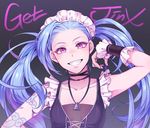  1girl absurdly_long_hair arm_tattoo bell blue_hair headdress jinx_(league_of_legends) league_of_legends long_hair maid_headdress pink_eyes solo stomach_tattoo tattoo twintails 