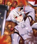  animal_ears bare_shoulders detached_sleeves hat highres inubashiri_momiji leaf looking_at_viewer lying maple_leaf md5_mismatch on_back open_mouth pom_pom_(clothes) red_eyes sasa_(weldan6) shield short_hair silver_hair solo sword tail tokin_hat touhou weapon wolf_ears wolf_tail 