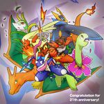  anniversary antennae blaziken blue_eyes bright_pupils charizard claws clenched_hand clenched_teeth closed_mouth empoleon fang fang_out fiery_tail fire gen_1_pokemon gen_2_pokemon gen_3_pokemon gen_4_pokemon gen_5_pokemon gen_6_pokemon gen_7_pokemon green_eyes greninja highres incineroar lead looking_at_viewer meganium multicolored multicolored_background no_humans open_mouth pink_eyes pokemon pokemon_(creature) red_eyes runachikku serperior shuriken tail teeth yellow_eyes yellow_sclera 