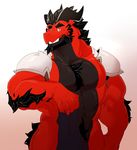  anthro black_fur dragon fur jugger kokuhane looking_at_viewer male muscular scalie shoulder_pad simple_background smile solo suggestive teasing 