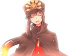  :d ^_^ black_cape black_hair blonde_hair cape closed_eyes commentary_request fate/grand_order fate_(series) gradient_hair hat head_tilt light_particles long_hair low_ponytail male_focus matryoshka_(borscht) military military_hat military_uniform multicolored_hair oda_nobukatsu_(fate/grand_order) open_mouth peaked_cap red_shirt shirt sidelocks smile solo uniform upper_body 
