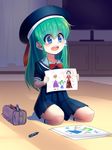  :d alternate_costume bangs blue_eyes blue_hat blue_skirt blush bow bowtie carpet child_drawing colored_eyelashes commentary crayon curtains deviantart_sample drawing eyebrows_visible_through_hair flat_screen_tv full_body green_hair hair_tubes hat heart highres holding holding_paper image_sample indoors kneehighs kochiya_sanae long_hair mayenta medium_skirt moriya_suwako no_shoes on_floor open_mouth paper pencil_case red_bow red_neckwear round_teeth sailor_collar school_uniform seiza serafuku shelf shirt short_sleeves sitting sitting_on_floor skirt smile socks solo tareme teeth television touhou white_legwear yasaka_kanako younger 