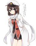  bangs brown_eyes brown_hair commentary hat ica kantai_collection necktie remodel_(kantai_collection) scarf sendai_(kantai_collection) short_hair simple_background skirt solo translated white_background white_scarf 