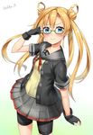  abukuma_(kantai_collection) arm_at_side bespectacled bike_shorts blonde_hair blue_eyes blush buttons double_bun from_above glasses gloves green-framed_eyewear hair_between_eyes hair_rings highres kantai_collection long_hair looking_at_viewer nedia_(nedia_region) partly_fingerless_gloves pleated_skirt remodel_(kantai_collection) school_uniform serafuku serious short_sleeves shorts shorts_under_skirt skirt smile smug solo twintails 