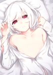  akira_(tsunekichi) albino arms_up bangs closed_mouth collarbone commentary dress_shirt dutch_angle expressionless flat_chest highres looking_at_viewer lying naked_shirt no_nipples on_back open_clothes open_shirt original pillow red_eyes shirt solo swept_bangs tsunekichi upper_body white_hair 