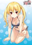  alternate_hairstyle arifureta_shokugyou_de_sekai_saikyou arm_support bare_legs barefoot bikini black_bikini blonde_hair blue_background breasts character_name cleavage collarbone eyebrows_visible_through_hair full_body gradient gradient_background highres kneeling long_hair navel non-web_source outstretched_hand red_eyes side-tie_bikini simple_background small_breasts smile solo swimsuit takayaki thigh_gap toes twintails yue_(arifureta) 