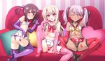  :d ;q ass bare_shoulders black_hair blonde_hair blush breasts brown_eyes chloe_von_einzbern choker commentary_request couch dark_skin elbow_gloves fate/kaleid_liner_prisma_illya fate_(series) gloves heart heart-shaped_pupils high_heels illyasviel_von_einzbern long_hair looking_at_viewer microskirt miyu_edelfelt multiple_girls navel one_eye_closed open_mouth panties pillow pink_hair ponytail red_eyes revealing_clothes ribbon short_hair silver_hair sitting skirt small_breasts smile soukai_(lemonmaiden) spread_legs stomach symbol-shaped_pupils take_your_pick tattoo thighhighs tongue tongue_out twintails underwear wavy_mouth white_hair white_skin 
