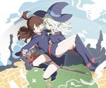  arm_behind_back bangs blue_eyes blue_sky blush boots broom broom_riding brown_hair carrying collared_shirt day diana_cavendish dress floating full_body hat highres kagari_atsuko knee_boots legs little_witch_academia long_hair long_sleeves looking_at_another luna_nova_school_uniform multiple_girls open_mouth princess_carry qiongsheng shirt short_dress sidelocks sitting sky surprised wavy_mouth white_hair witch_hat yuri 