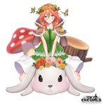  1girl :o blush braid bug bunny butterfly copyright_name dress flower full_body green_dress green_eyes hair_between_eyes head_wreath highres insect logo long_hair looking_at_viewer mushroom official_art red_hair shimashima08123 sitting solo tokyo_exe_girls tree_stump twin_braids watermark 