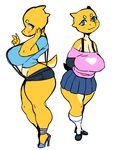  anthro big_breasts blue_eyes breasts cleavage clothed clothing female footwear high_heels huge_breasts jijis-waifus multiple_images oh-jiji scales scalie shoes skirt solo suspenders yellow_scales 