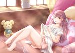  barefoot blush collarbone indoors legs long_hair looking_at_viewer pillow pink_hair redlynx rin_(shelter) shelter_(music_video) solo stuffed_animal stuffed_toy tablet teddy_bear thighs toes window 