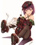  absurdres bare_shoulders boots breasts brown_legwear cabbie_hat camisole casual cat cleavage contemporary criss-cross_halter eyebrows_visible_through_hair fate/grand_order fate_(series) granblue_fantasy_(style) halterneck hat helena_blavatsky_(fate/grand_order) highres jacket jewelry legs_up looking_at_viewer necklace off_shoulder pantyhose purple_eyes purple_hair short_hair simple_background small_breasts smile solo white_background yatsuka_(846) 