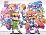  2girls 4boys arrow belt blonde_hair bomb boots bow_(weapon) fangs hat ink_tank_(splatoon) inkbrush_(splatoon) inkling link looking_at_another master_sword multiple_boys multiple_girls multiple_persona nintendo open_mouth pig pointy_ears shoes smile sneakers sparkle splat_bomb_(splatoon) splatoon splatoon_(series) splatoon_1 splattershot_(splatoon) standing super_smash_bros. super_smash_bros._ultimate sword teijiro tentacle_hair the_legend_of_zelda the_legend_of_zelda:_the_wind_waker toon_link weapon 