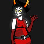  2016 armwear belt black_background breasts clothing elbow_gloves fangs female gloves green_hair hair homestuck horn humanoid inkyfrog kanaya_maryam lipstick makeup ms_paint_adventures simple_background solo troll_(homestuck) yellow_sclera 