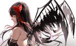  akemi_homura akuma_homura bare_shoulders black_dress black_gloves black_hair black_wings bow bxr closed_eyes closed_mouth dress elbow_gloves eyelashes feathered_wings from_behind gloves hair_bow hairband long_hair mahou_shoujo_madoka_magica mahou_shoujo_madoka_magica_movie red_hairband sketch spoilers upper_body wings 