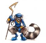  2017 5_fingers anthro bandanna beret biped black_fur black_nose black_tail blue_clothing blue_footwear blue_gloves blue_hat blue_shoes blue_topwear bottomless cane clothed clothing crouching fluffy fluffy_tail footwear front_view full-length_portrait fur gloves grey_fur grey_tail hat holding_object kenket legband long_tail looking_at_viewer male mammal multicolored_fur multicolored_tail neckerchief portrait raccoon ringed_tail shoes simple_background sly_cooper sly_cooper_(series) solo traditional_media_(artwork) url video_games watercolor_(artwork) white_background white_fur white_tail 
