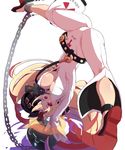  ankh anklet ass ball_and_chain_restraint blonde_hair bodysuit breasts chain covered_nipples full_body guilty_gear guilty_gear_xrd halo handstand highres infraton jack-o'_valentine jewelry large_breasts long_hair multicolored_hair oversplit red_eyes red_hair shoes solo split two-tone_hair underboob upside-down 