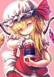 bad_id bad_pixiv_id blonde_hair blush closed_eyes commentary engrish eyebrows_visible_through_hair flandre_scarlet food frilled_hat frilled_sleeves frills fruit hat hat_ribbon highres jam jar long_hair maru_daizu_(aqua6233) mob_cap pink_background puffy_short_sleeves puffy_sleeves ranguage red_ribbon red_vest ribbon short_sleeves solo strawberry strawberry_jam touhou trembling upper_body vest white_hat wings wrist_cuffs 