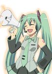  ^_^ aqua_hair closed_eyes detached_sleeves facing_viewer hand_on_hip hatsune_miku long_hair megaphone necktie open_mouth smile solo sorakujira_(pixiv) twintails very_long_hair vocaloid 