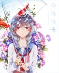  bangs blue_ribbon blue_sailor_collar braid breasts collarbone crying crying_with_eyes_open fingernails fish floral_background flower gradient_hair hair_ornament hair_over_shoulder hair_ribbon hair_tie hakusai_(tiahszld) holding holding_umbrella jewelry long_hair long_sleeves looking_at_viewer multicolored_hair nail_polish original parted_lips pink_hair purple_eyes revision ribbon sailor_collar school_of_fish school_uniform serafuku shirt silver_hair single_earring small_breasts solo star star_hair_ornament tears translation_request transparent transparent_umbrella twin_braids two-tone_hair umbrella upper_body water water_drop white_shirt 