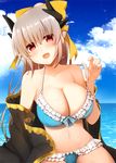  bare_shoulders bikini blue_bikini blush bow breasts cleavage cloud collarbone day fate/grand_order fate_(series) frilled_bikini frills hair_bow horns kiyohime_(fate/grand_order) kiyohime_(swimsuit_lancer)_(fate) kujiran large_breasts long_hair looking_at_viewer navel ocean open_mouth outdoors ponytail red_eyes silver_hair sky smile solo strap_pull swimsuit 