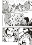  arrow arrow_in_head beard comic comic_kairakuten_beast facial_hair gilles_de_rais greyscale helmet highres horse ladder minato_hitori monochrome mustache non-web_source scan sweat translated 