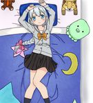  :&gt; arms_up bed bed_sheet black_legwear black_skirt blanket blue_eyes blush bow bowtie braid breasts buttons closed_mouth crescent eromanga_sensei from_above grey_jacket hair_bow izumi_sagiri jacket kneehighs long_hair long_sleeves looking_at_viewer looking_up lying necktie on_back on_bed orange_bow orange_neckwear pillow pink_bow reacyua self_upload silver_hair single_braid skirt small_breasts smile stuffed_animal stuffed_toy tareme teddy_bear uniform very_long_hair 