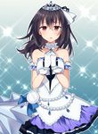  bare_shoulders black_hair black_ribbon blush breasts brown_eyes choker dress eyebrows_visible_through_hair fujiwara_hajime gloves hair_between_eyes hair_ornament hair_ribbon hands_together idolmaster idolmaster_cinderella_girls idolmaster_cinderella_girls_starlight_stage jewelry long_hair looking_at_viewer medium_breasts minamiya_mia own_hands_together ribbon sailor_collar solo starry_sky_bright tiara white_dress white_gloves 