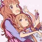  :3 :d bangs blonde_hair bow brown_hair candy cellphone clothes_writing dress feeding food frilled_sleeves frills futaba_anzu hair_ornament idolmaster idolmaster_cinderella_girls kuroboshi_kouhaku lavender_background lollipop long_hair long_sleeves moroboshi_kirari multiple_girls open_mouth phone pink_scrunchie purple_eyes scrunchie shirt short_sleeves sitting sitting_on_person smartphone smile star t-shirt twintails 