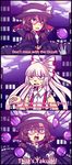  3koma bangs black_cape black_hat blunt_bangs bow brown_eyes brown_hair building cape city clenched_hands collared_shirt comic english fujiwara_no_mokou glasses gloves hair_between_eyes hat hat_bow high_collar highres multiple_girls night occult_ball orb pun purple_sky red-framed_eyewear red_eyes semi-rimless_eyewear shirt sleeveless suspenders torn_clothes torn_sleeves touhou twintails under-rim_eyewear usami_sumireko white_bow white_gloves white_hair white_shirt yakult yatsunote 