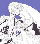  1boy 1girl bare_shoulders cape dress edna_(tales) hair_ornament hairband jacket mikleo_(tales) monochrome open_mouth pants short_hair side_ponytail smile tales_of_(series) tales_of_zestiria umbrella 