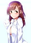  absurdres alternate_hairstyle blush breasts brown_eyes brown_hair closed_mouth eyebrows_visible_through_hair gradient gradient_background hair_down highres idolmaster idolmaster_cinderella_girls igarashi_kyouko long_hair long_sleeves looking_at_viewer medium_breasts naked_shirt open_clothes open_shirt shirt sideboob simple_background sleeves_past_wrists smile solo upper_body white_shirt yigra_don 