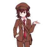  ;&lt; bad_id bad_pixiv_id bag blazer brown_hair brown_hat brown_jacket brown_shorts cabbie_hat closed_mouth collared_shirt flat_chest forbidden_scrollery frown hammer_(sunset_beach) hand_gesture hat head_tilt highres jacket necktie no_wings one_eye_closed pointy_ears red_eyes shameimaru_aya shirt short_hair shorts shoulder_bag solo tie_clip touhou v-shaped_eyebrows 