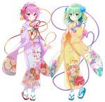  alternate_costume blush floral_print flower full_body green_eyes green_hair hair_flower hair_ornament hairband hand_on_own_chest hands_together hayama_eishi heart heart_hair_ornament heart_of_string japanese_clothes kimono komeiji_koishi komeiji_satori multiple_girls pink_hair red_eyes sandals short_hair siblings smile tabi third_eye touhou white_background wide_sleeves zouri 