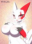  2017 abstract_background anthro big_breasts blush breast_grab breasts cheek_tuft elbow_tufts featureless_breasts female fur gloves_(marking) hand_on_breast hi_res looking_at_viewer markings navel nintendo open_mouth open_smile pink_eyes pok&eacute;mon shoulder_tuft smile solo tailzkim tuft video_games white_fur zangoose 